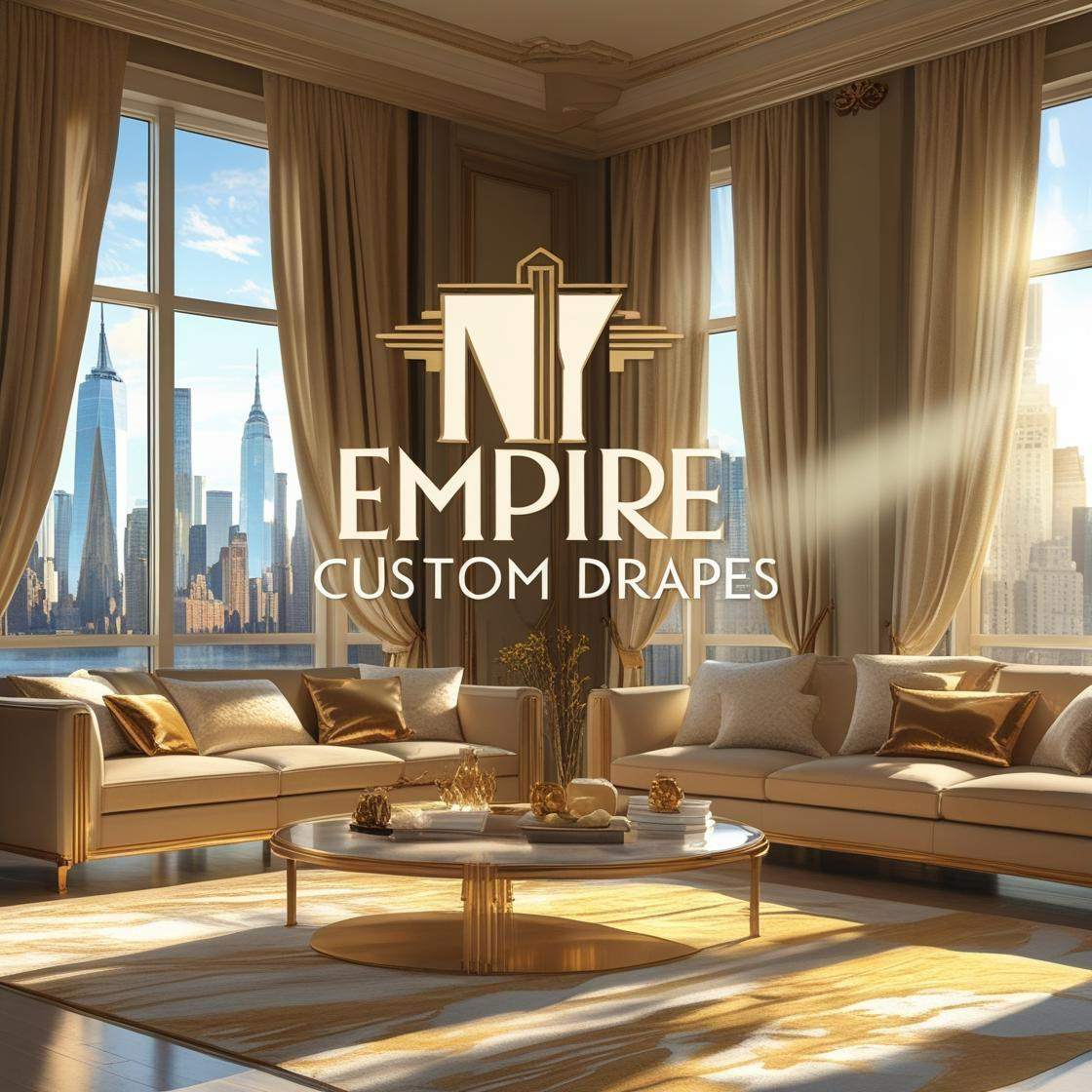 Art Deco luxury living room with layered gold and cream window treatments